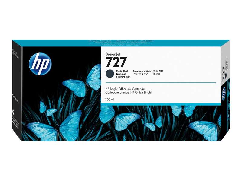 Embalagem preta e branca de tinta HP com borboletas azuis e texto DesignJet 727