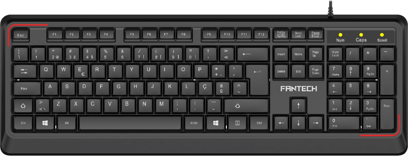 Teclado Fantech preto com teclas QWERTY e painel numérico à direita