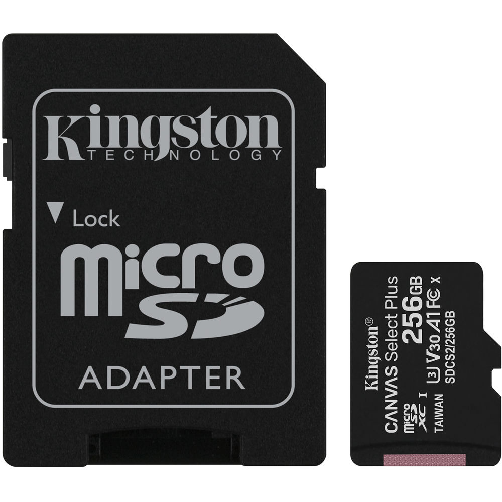 Cartão microSD Kingston e adaptador microSD para SD pretos com texto branco