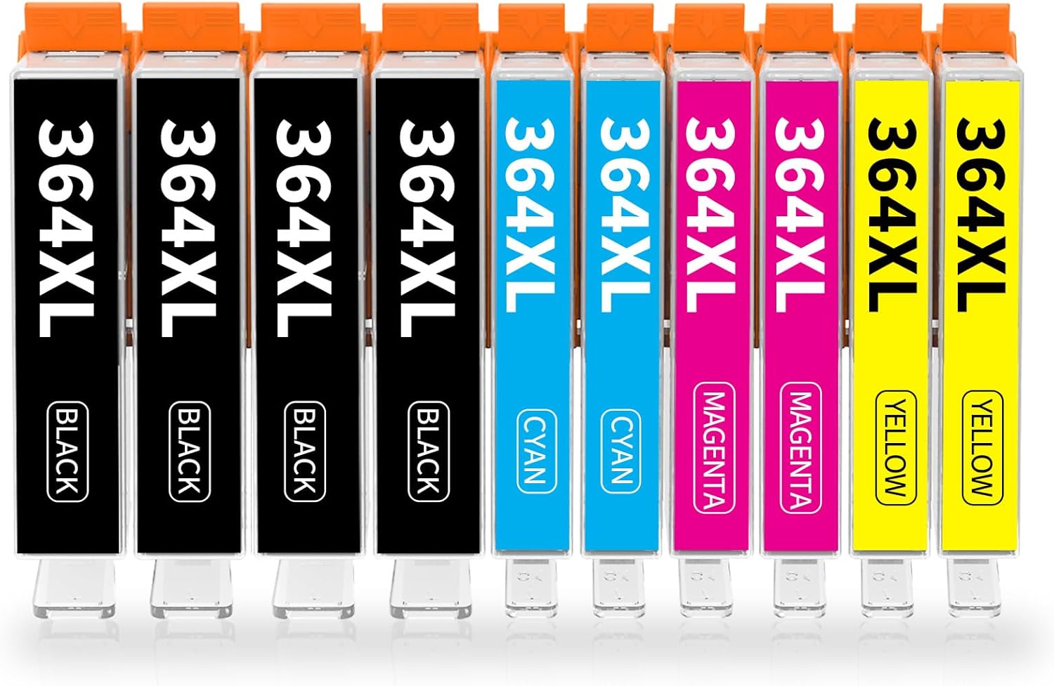 Cartuchos de tinta 364XL em várias cores com tampas laranja