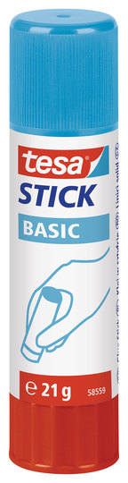 Cola em stick Tesa Basic 21g com tampa azul e corpo vermelho e branco