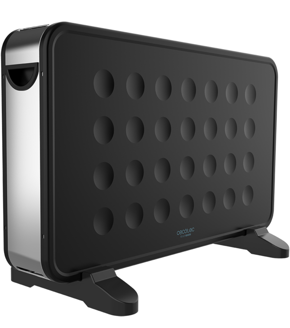 Aquecedor elétrico preto Cecotec Ready Warm com padrão de círculos em relevo.