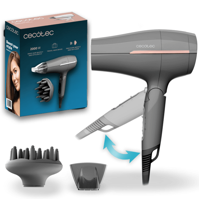Secador de cabelo Cecotec cinza com acessórios e caixa azul.