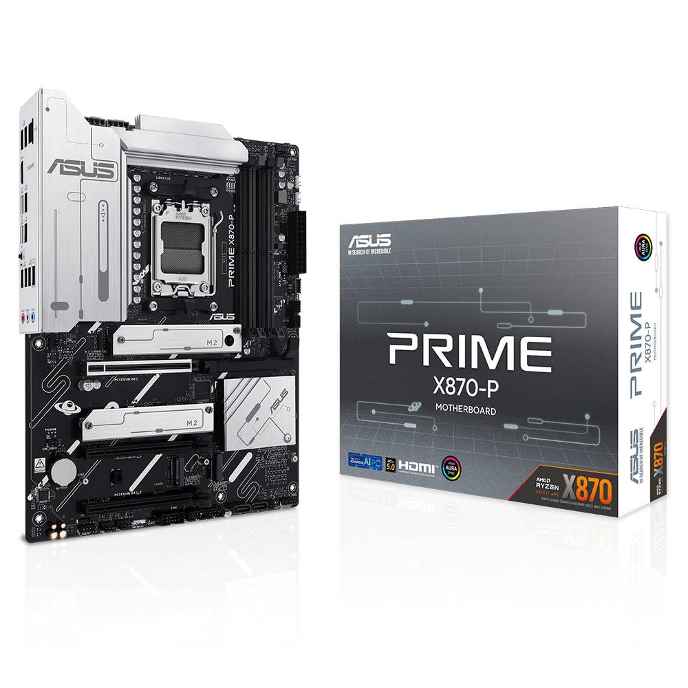 Placa-mãe ASUS Prime X870-P com embalagem ao lado, fundo branco
