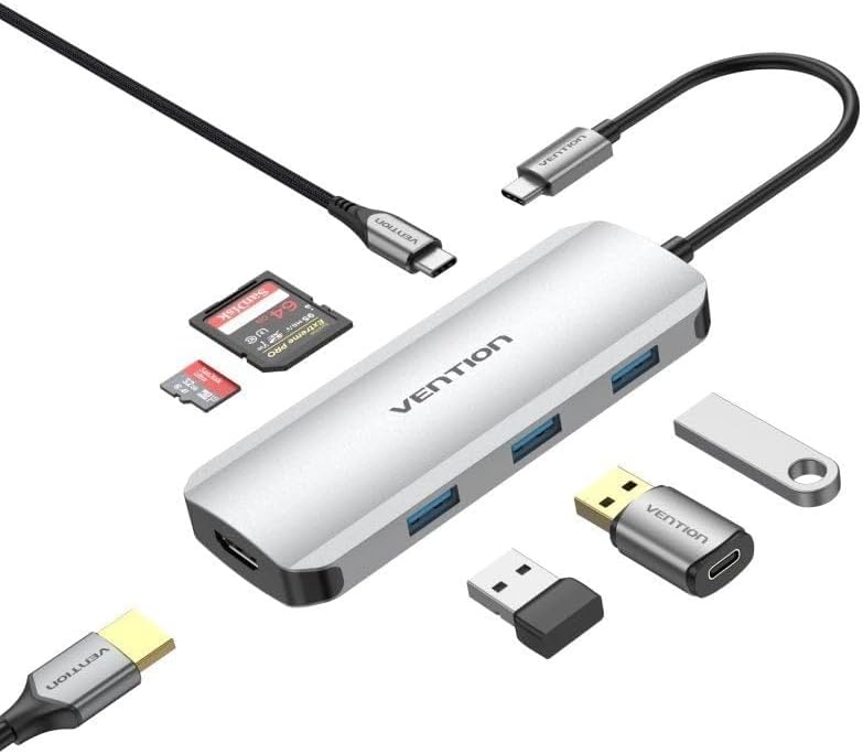 Hub USB tipo C prateado com portas USB-A e acessórios várias marcas VENTION