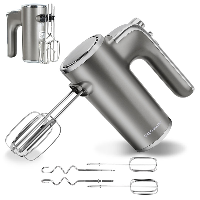 Batedeira elétrica cinzenta com acessórios aço inox