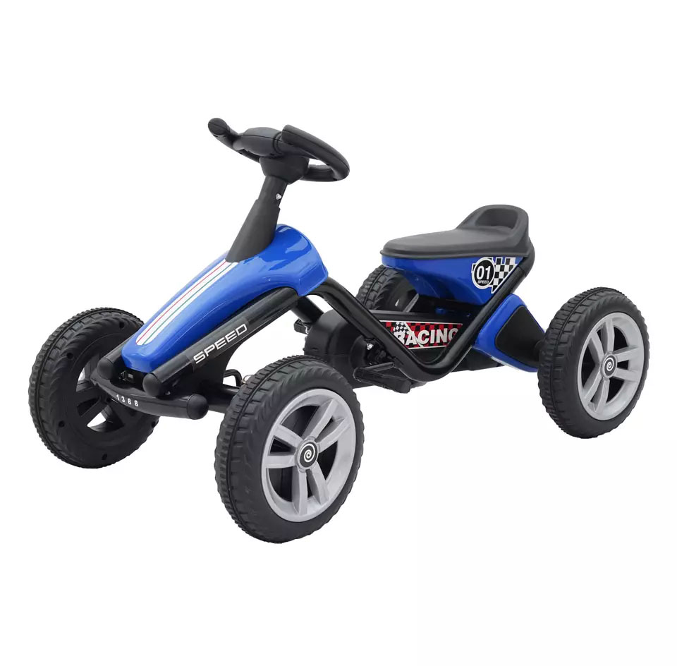 Carrinho de corrida azul para crianças com rodas grandes e volante preto