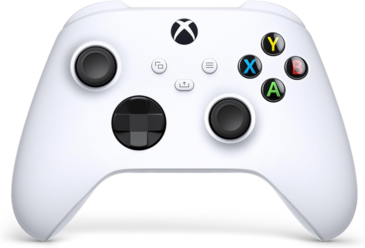 Comando Xbox branco com botões coloridos e joysticks pretos