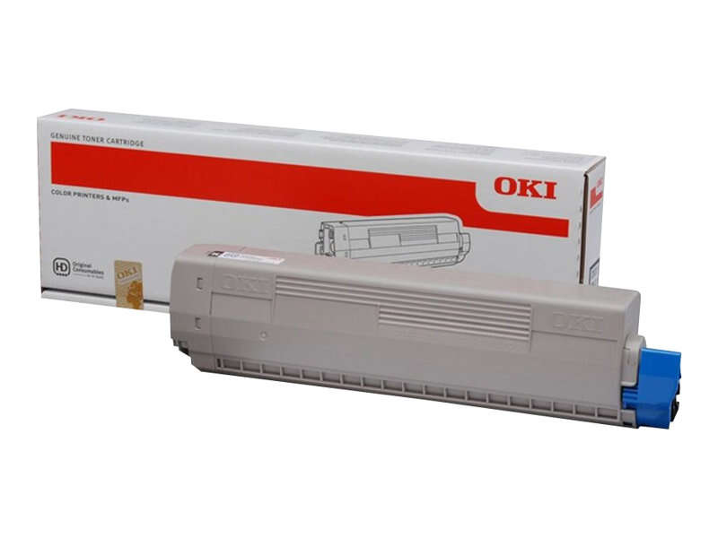 Cartucho de toner OKI cinza com parte azul e embalagem branca com vermelho