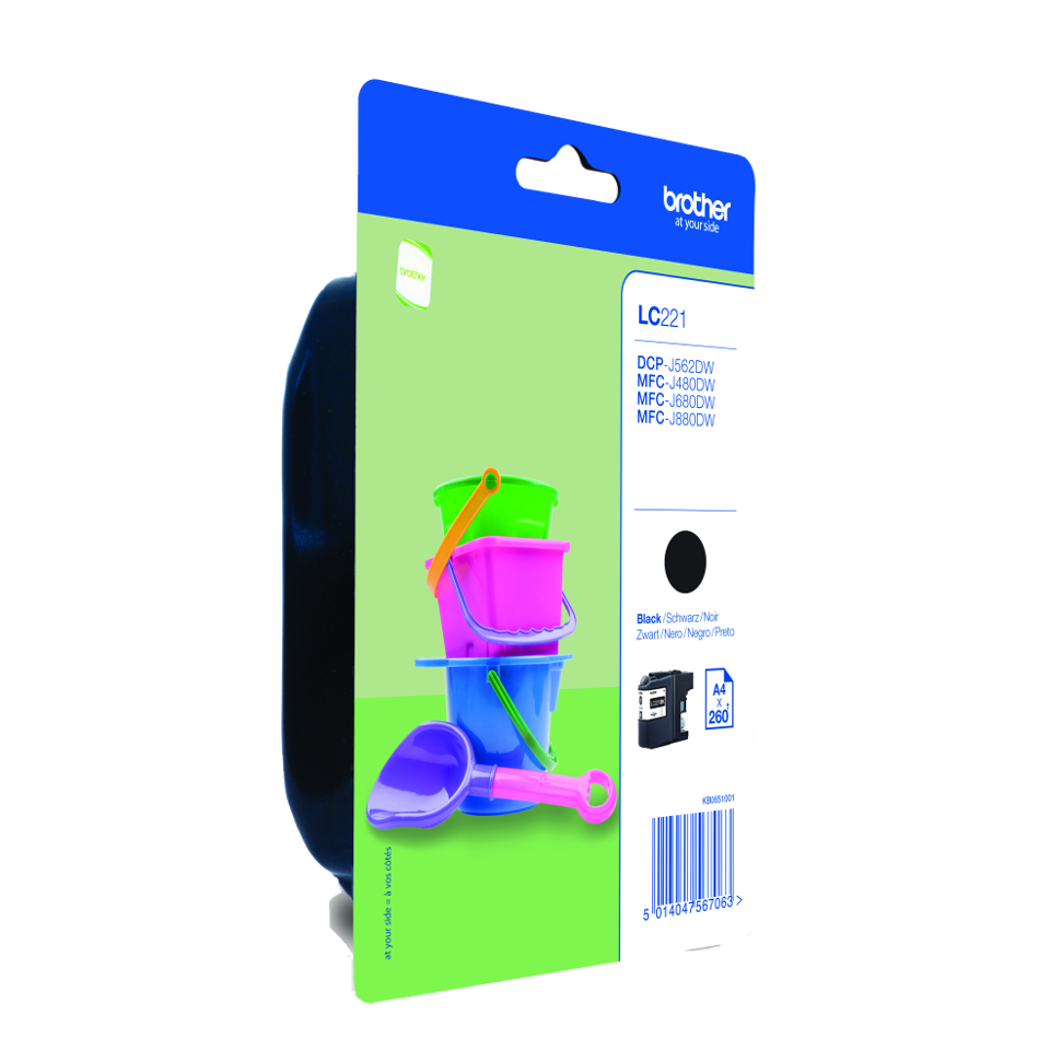 Cartucho de tinta preto Brother LC221 em embalagem com imagem de baldes coloridos e texto