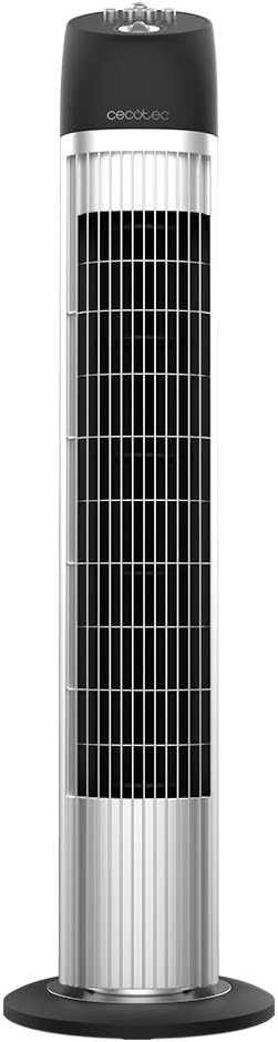 Torre de ventilador Cecotec preto e prata com grelha frontal e base redonda