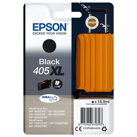 Cartucho tinta Epson preto 405 XL com mala laranja na embalagem