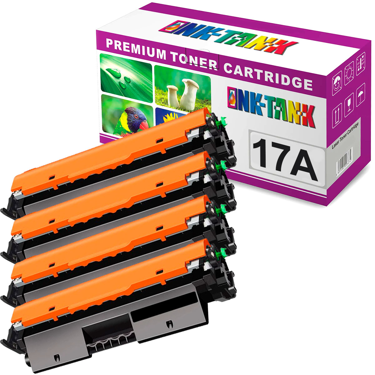 Três toners de impressão e embalagem colorida com texto e imagens naturais