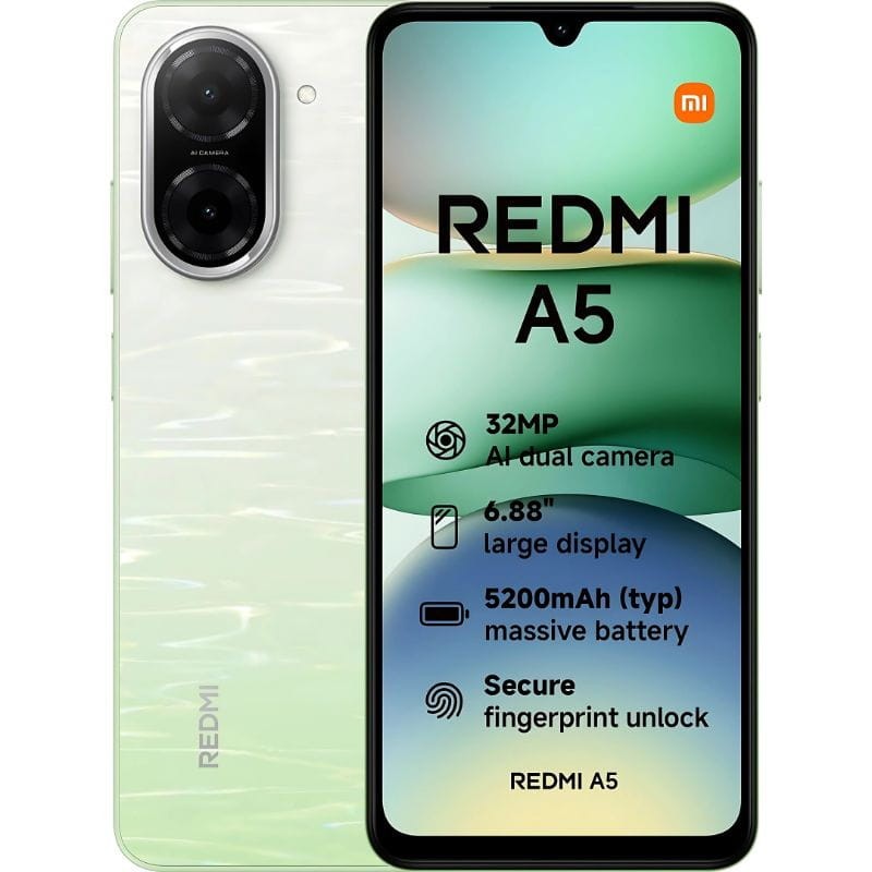 Smartphone Redmi A5 branco com dupla câmara traseira e ecrã com texto
