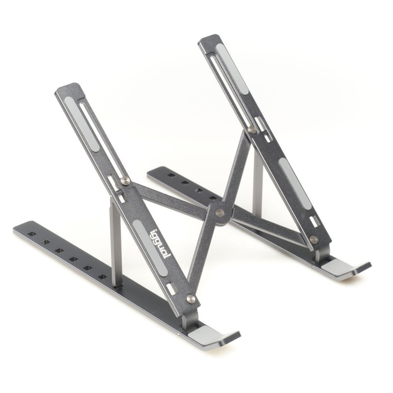 Suporte ajustável cinzento para portátil com almofadas antiderrapantes e marca iquual