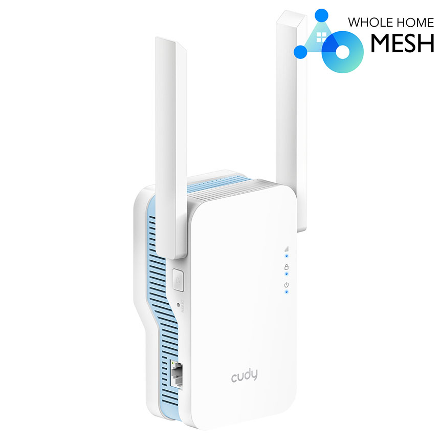 Repetidor Wi-Fi Cudy branco com antenas e LEDs