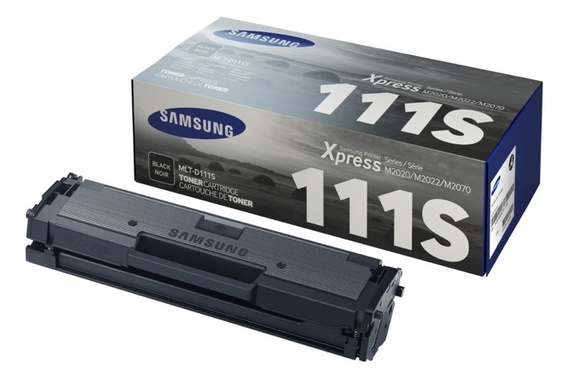 Cartucho de toner preto Samsung MLT-D111S com caixa azul e cinza para impressoras Xpress