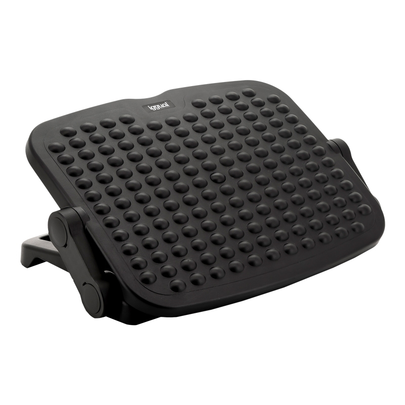 Suporte para pés preto ajustável com textura em bolhas e logo iggual
