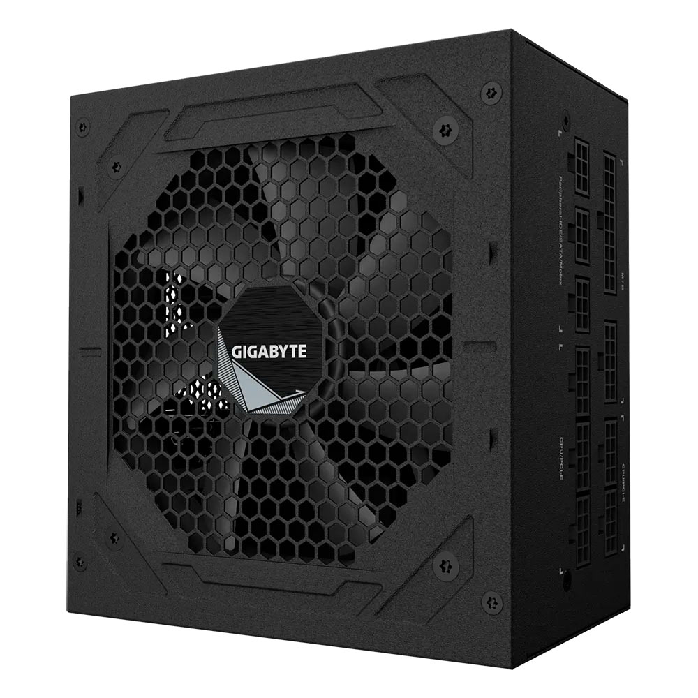 Fonte de alimentação para computador Gigabyte preta com ventoinha e grelha hexagonal