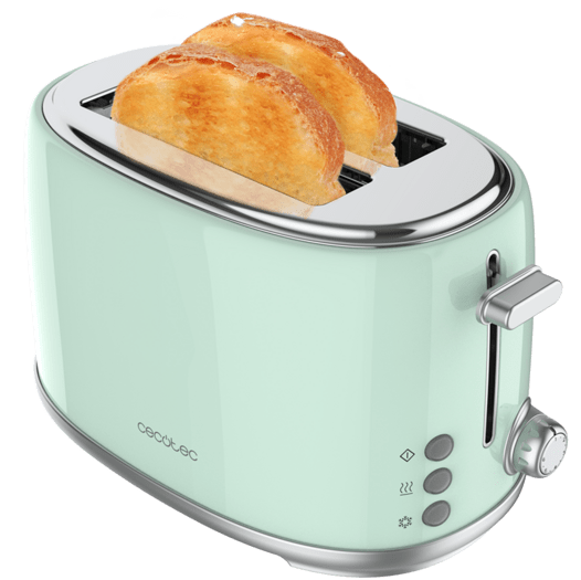 Torradeira verde clara Cecotec com tostas e botões prateados