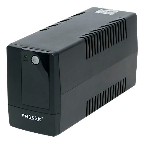 unidade UPS preta da marca PHASAK com botão de power circular e indicador LED