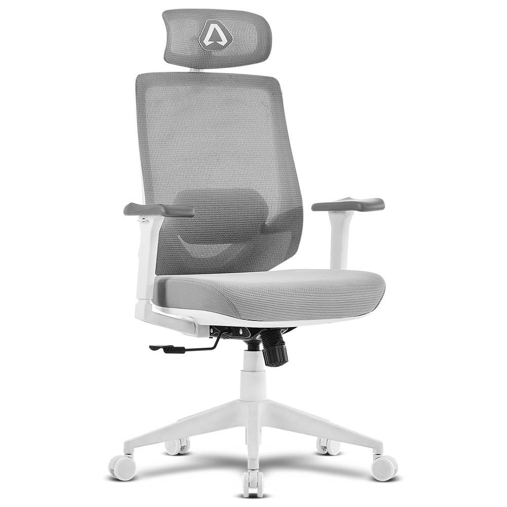Cadeira de escritório cinzenta com estrutura branca e rodas