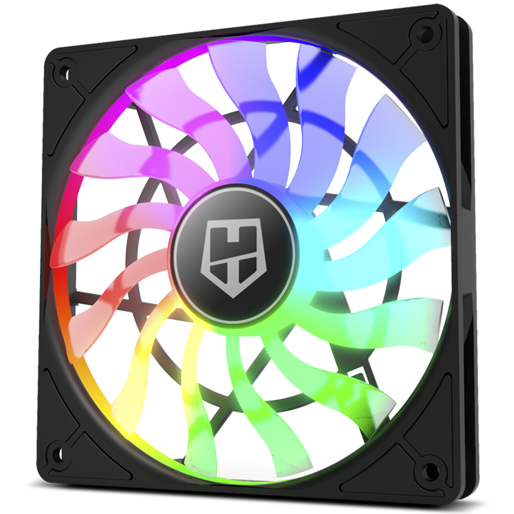 Ventoinha de computador quadrada preta com luzes RGB coloridas