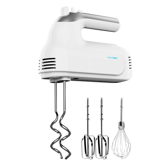 Batedeira elétrica branca com acessórios metálicos