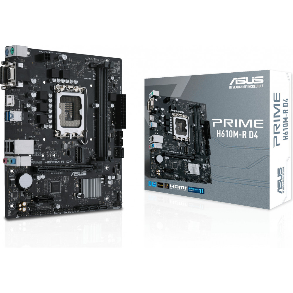 Placa-mãe ASUS PRIME H610M-R D4 preta com componentes e caixa cinza ao lado