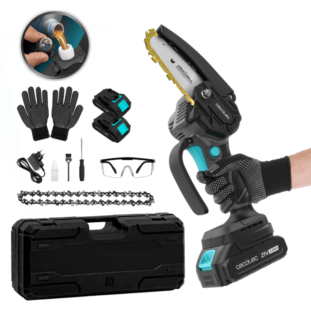 Kit de mini motosserra eletrosserra com acessórios e estojo preto