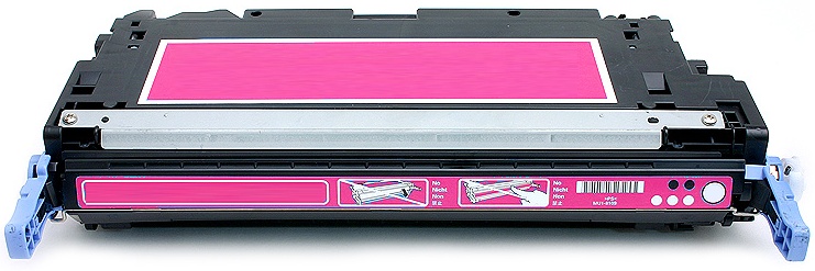 Cartucho de toner preto com etiqueta cor-de-rosa e partes azuis