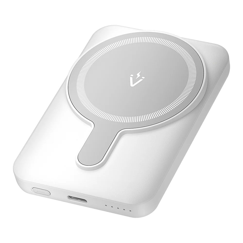 Power bank portátil branco com carregamento sem fios cinzento