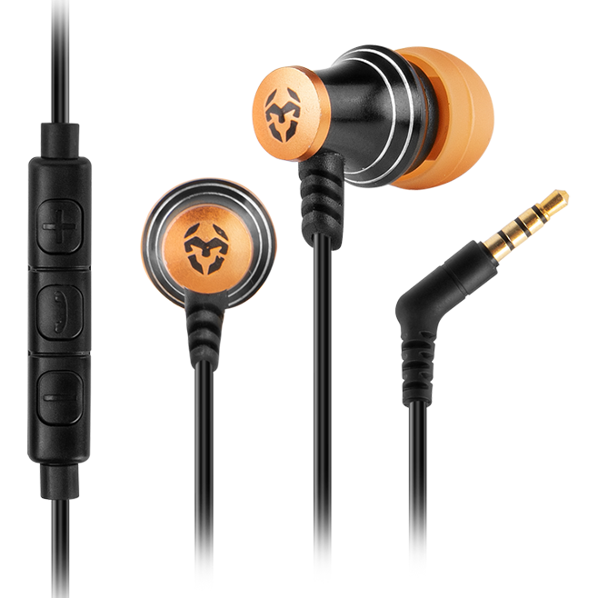 Auriculares intra-auriculares preto e laranja com controlo e ficha jack 3,5 mm