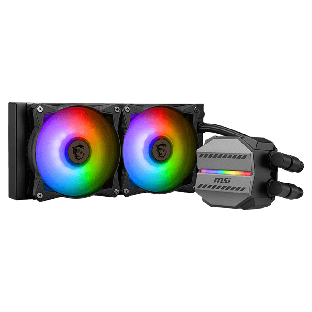 Sistema de refrigeração líquida para PC com ventiladores RGB coloridos e bloco MSI cinza e preto