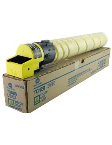 Cartucho de toner amarelo sobre caixa de cartão