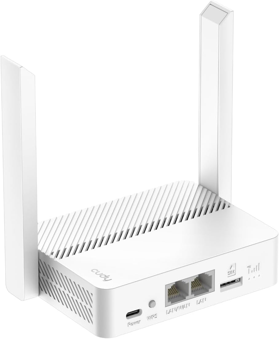 Roteador Wi-Fi branco CUJOY com duas antenas e várias portas na parte frontal