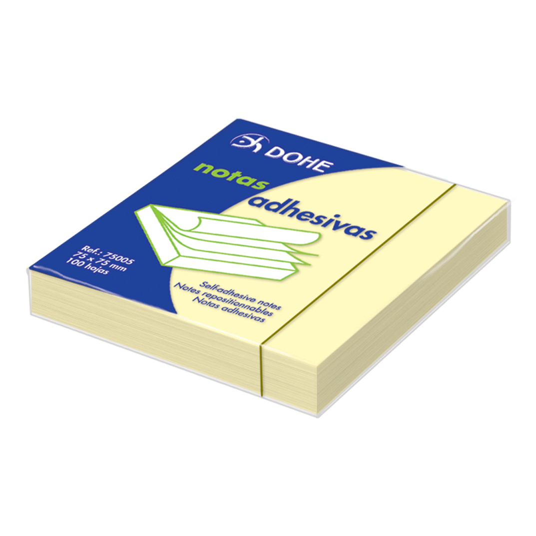 Bloco de notas adesivas amarelo com capa azul e texto do produto