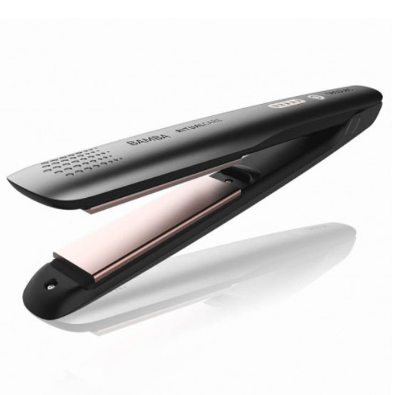 Prancha alisadora de cabelo preta com placas rosa