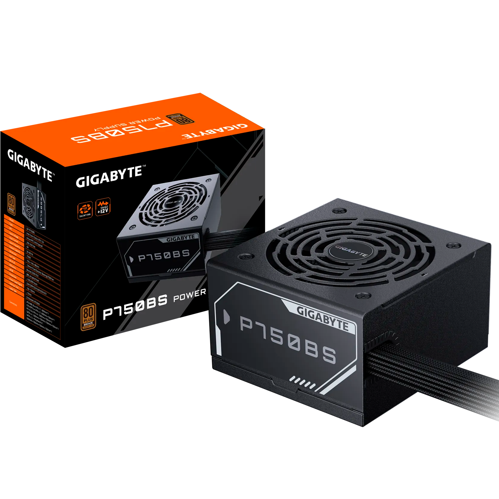 Fonte de alimentação Gigabyte P750BS preta com embalagem preta e laranja.