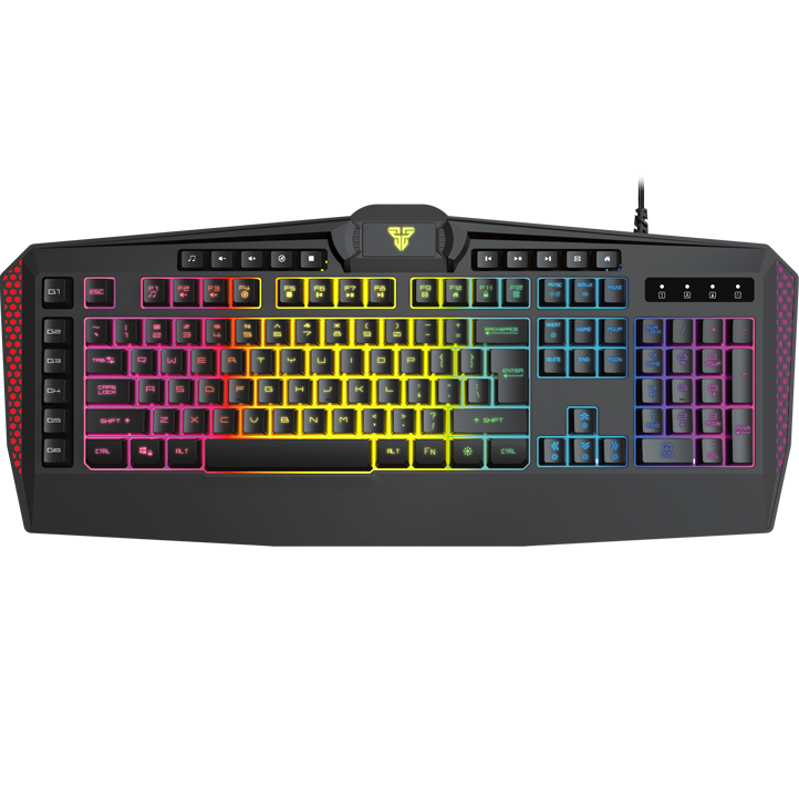 Teclado retroiluminado colorido com símbolo no centro superior