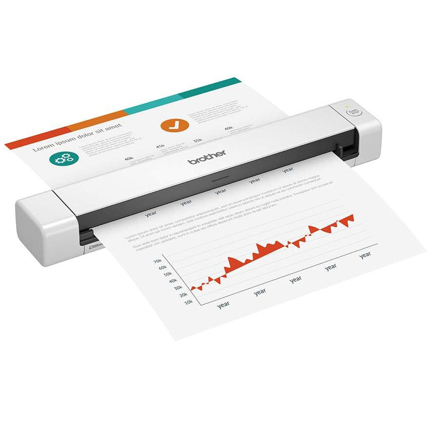 Scanner portátil branco Brother com documentos a sair, gráficos e texto Lorem ipsum.