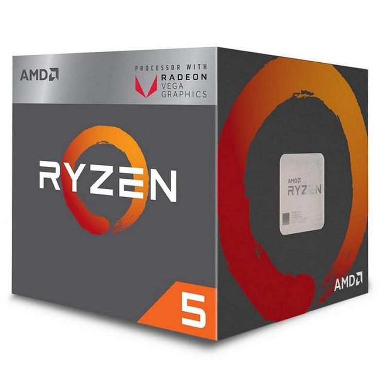 Caixa do processador AMD Ryzen 5 com gráficos Radeon Vega em fundo cinzento e laranja