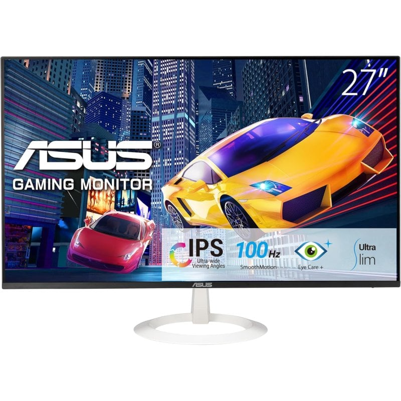 Monitor gaming ASUS 27 polegadas com base branca num cenário de carros e cidade