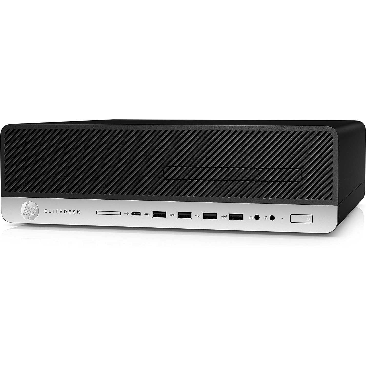 Computador HP EliteDesk preto e cinzento com várias portas USB