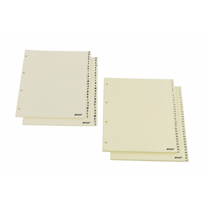 Separadores de papel creme para fichário com etiquetas alfabéticas e numéricas da marca ancor
