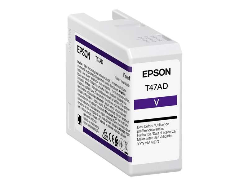 Cartucho tinta Epson T47AD violeta com rótulos e símbolos na embalagem