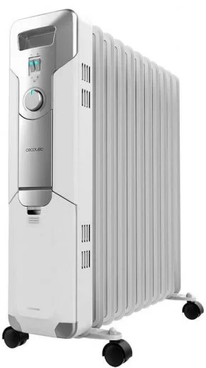 Aquecedor elétrico branco Cecotec com botões e rodas