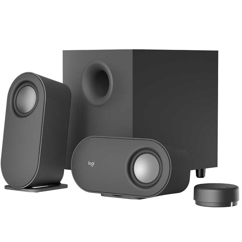 Sistema de áudio preto com colunas e subwoofer
