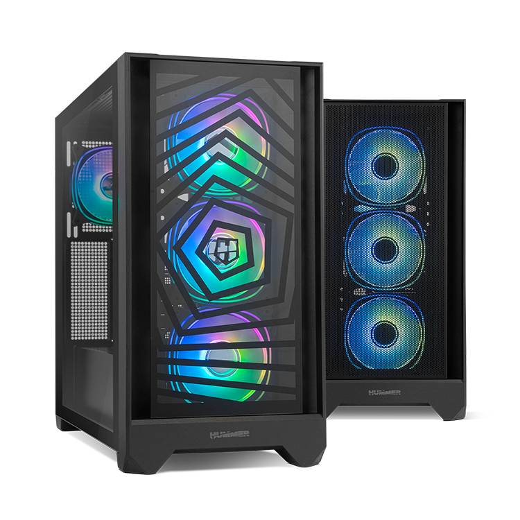 Dois gabinetes de computador pretos com ventoinhas RGB iluminadas