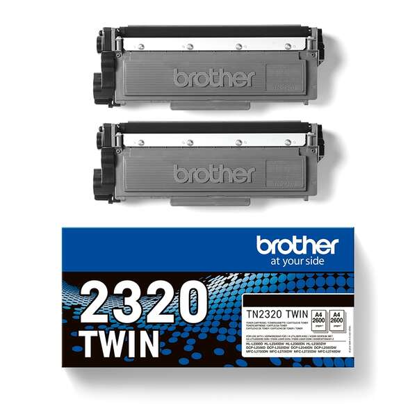 Cartucho de toner Brother TN2320 Twin preto com embalagem azul e preta